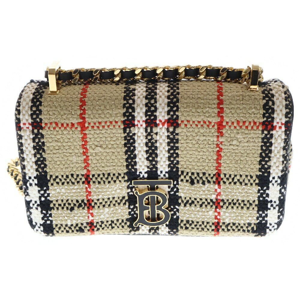 BURBERRY Check Tweed Chain Shoulder Bag Brown Wool Canvas Crossbody Beige